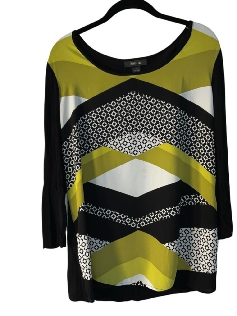 Style & Co. Black, Olive and White Chevron-Pattern Long Sleeve Top